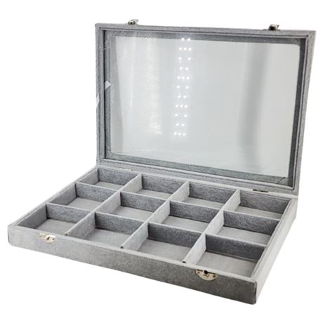 Gray Velour 12 Grid Jewelry Display Tray w/ Glass Lid & Latches
