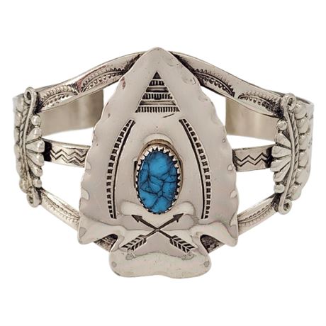 Vintage BELL TRADING Nickel Silver Faux Turquoise Native Style Cuff Bracelet