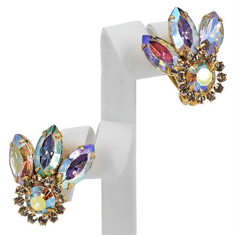 Vintage Prong Set Aurora Borealis Rhinestone Navette Clip Earrings