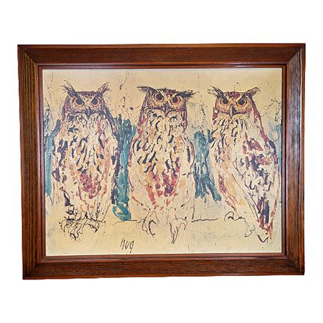 Vintage Fritz Rudolf Hug "Owls" Framed Canvas Litho Print