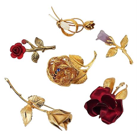 Six Vintage Gold Tone Flower Brooches, Two Signed