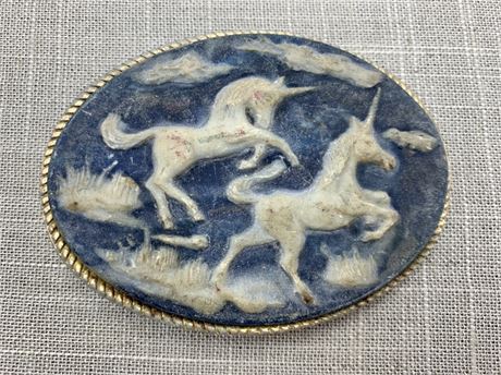 Vintage Mythical Unicorn Azure & Cream Incolay Stone Belt Buckle