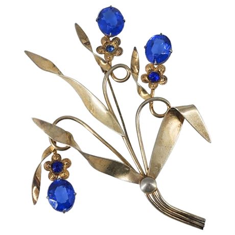 Vintage Large Gold Tone Blue Rhinestone Posey Brooch