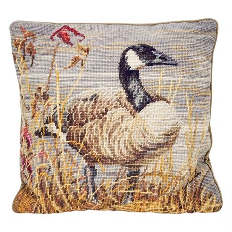 Vintage Handmade Canada Goose Wool Needlepoint Throw Pillow