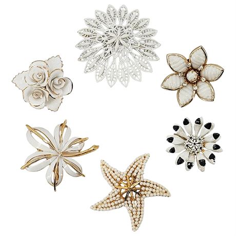 Six Vintage Gold Tone & White Flower Brooches, Some Signed