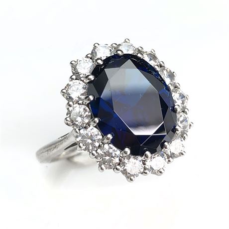 Beautiful Designer Sterling Silver Faceted Royal Sapphire Blue CZ Halo Ring