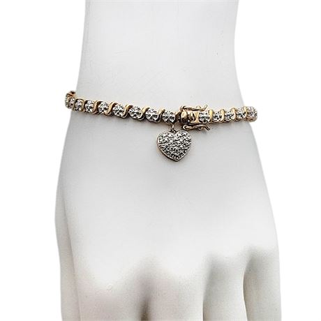 Ross Simons Sterling Silver 2-Tone Tennis Style Bracelet w/ CZ Heart Charm