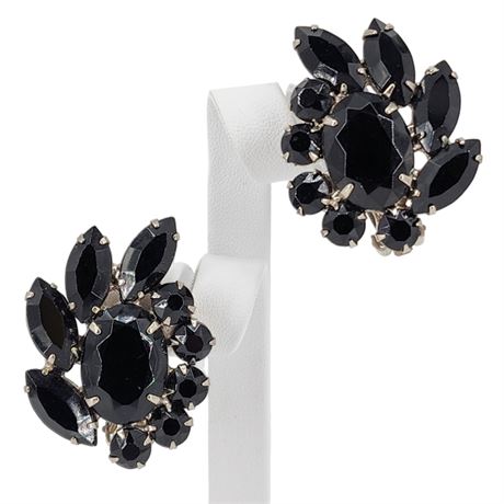 Vintage Large Prong Set Jet Black Rhinestone Cluster Clip Earrings