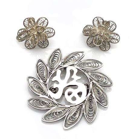 Vintage Sterling Silver Earrings & Fine Filigree Silver Brooch/Pendant