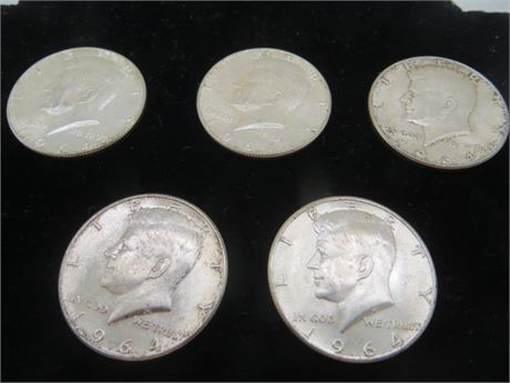 Five 1964 Kennedy Half Silver Dollars