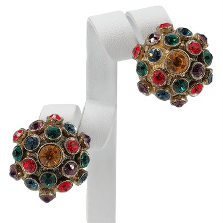 Vintage Multicolored Rhinestone Sputnik Dome Clip Earrings