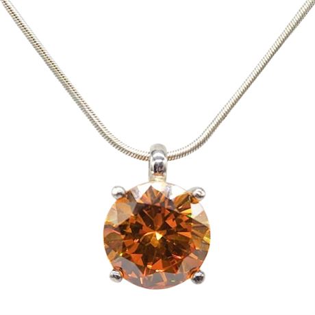 Signed AT Huge 18mm Yellow/Orange Gemstone Pendant on Sterling Silver Chain