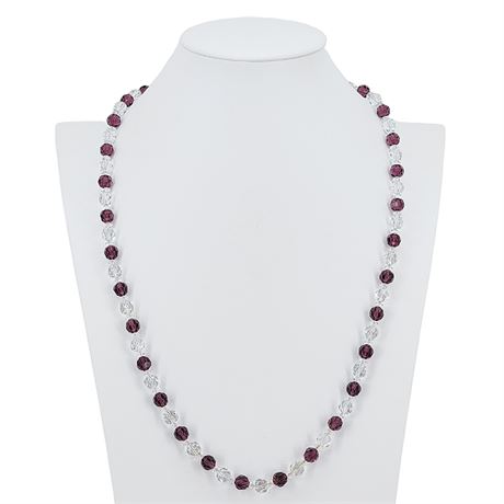 Vintage Faceted Purple & Clear Crystal Beaded Necklace w/ Sterling Clasp