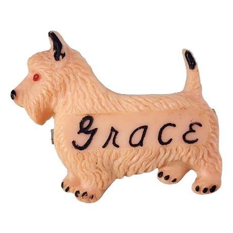 Early Plastic Pink Scottie Dog "Grace" Name Barette