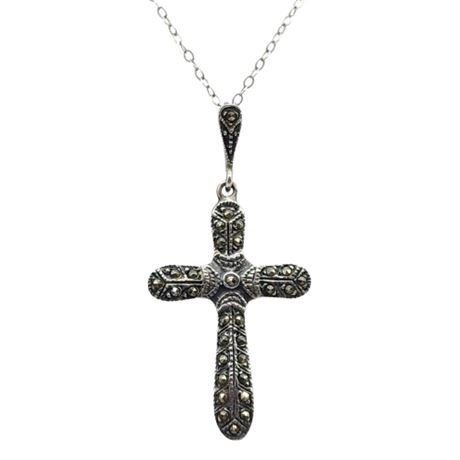 Sterling Silver Marcasite Cross Pendant Necklace