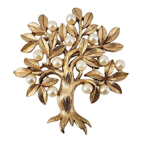 Signed Crown Trifari Faux Pearl Tree Brooch