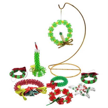 Vintage Handmade Plastic Beaded Wreath & Candle Ornaments