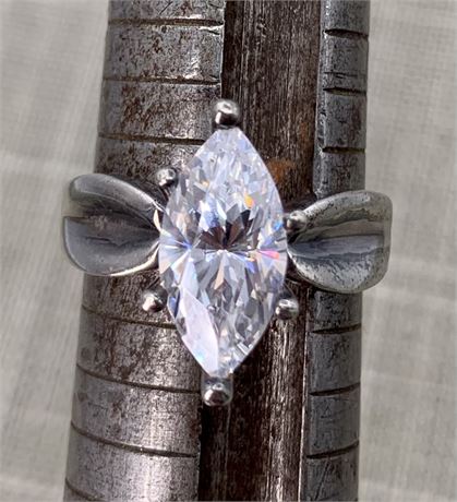 Large Carat Marquise CZ Solitaire & Sterling Silver Engagement Ring