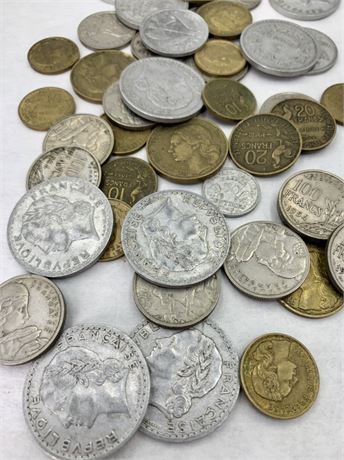 Large Lot of Vintage French Coins in Soft Hide Pouch