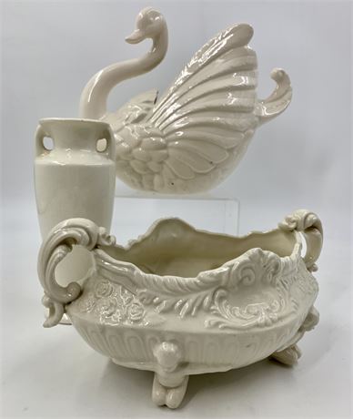 3 Vintage Cream Pottery Flower Vases, Swan & Cherub Planters