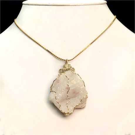 Vintage Wire Wrapped Druzy Crystal Quartz Pendant Necklace