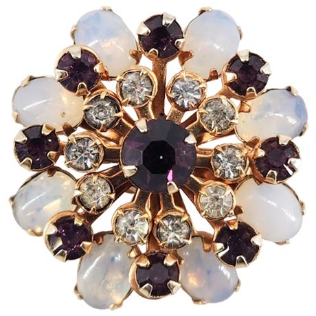 Vintage Rhinestone & Opal Glass Cabochon Burst Brooch