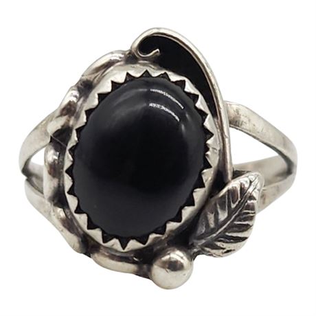 Vintage Native American Sterling Silver Black Onyx Ring, Sz 5