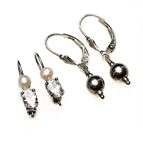 (2) Sets Vintage Sterling Silver Earrings Avon Button Pearl & Simple Bead
