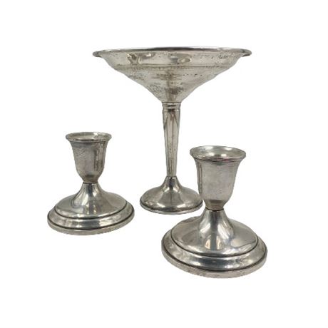 Sterling Silver Weighted Candle Holders and Compote Bowl