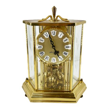Seth Thomas by Kieninger & Obergfell Brass Etched Glass Mantel Clock