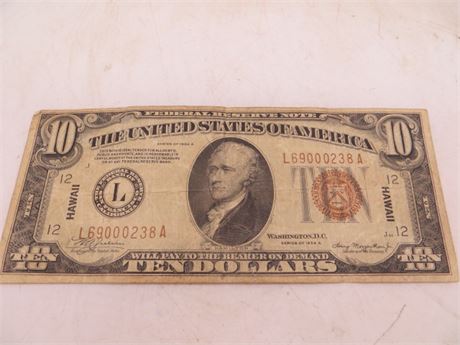 1934 $10 Hawaii Federal Reserve Note # L69000238 A