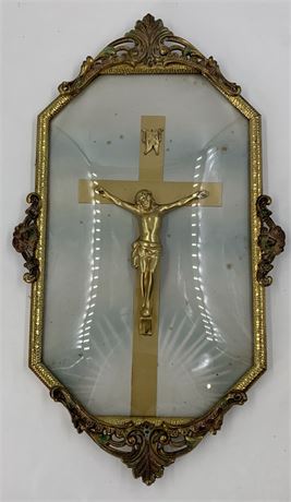 1930s Religious Convex Glass Crucifix Shadowbox in Embossed Metal Frame
