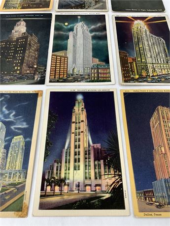 9 1920-50s Moonrise Nightscape Downtown Travel Souvenir Postcards