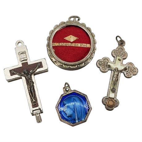 Four Vintage Religious Reliquary Charms, Some Flawed