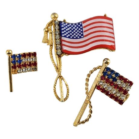 Lot of 3 American Flag Rhinestone Brooches