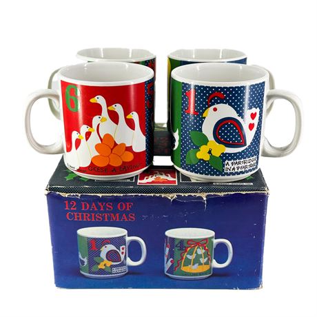 Set of Vintage 1985 Grant Howard 12 Days of Christmas Mugs w Box