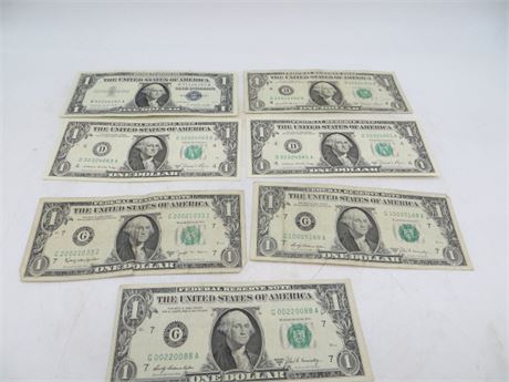 Seven $1.00 Bills w/Good Serial Nos.
