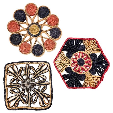 Three Vintage Colorful Woven Raffia Trivets