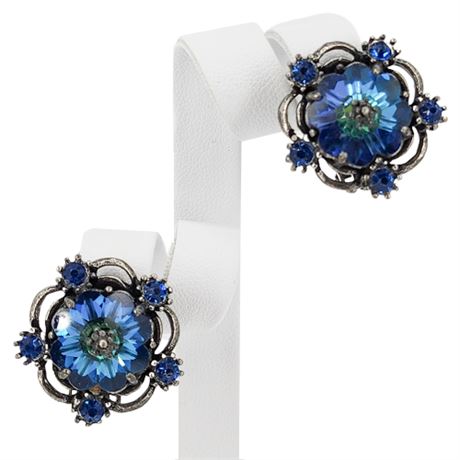Vintage Blue Margarita Rhinestone Clip Earrings