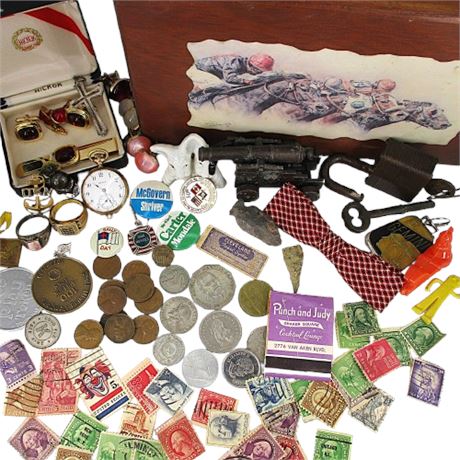 Gramp's Junk Drawer ~ Elgin Pocket Watch * Coins * Men's 925 Jewelry * Stamps +