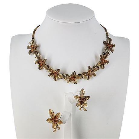 Signed Coro Rhinestone Flowers Necklace & Clip Earrings Set