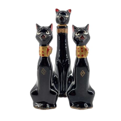 MCM Redware Stoneware Black Cat Condiment Set
