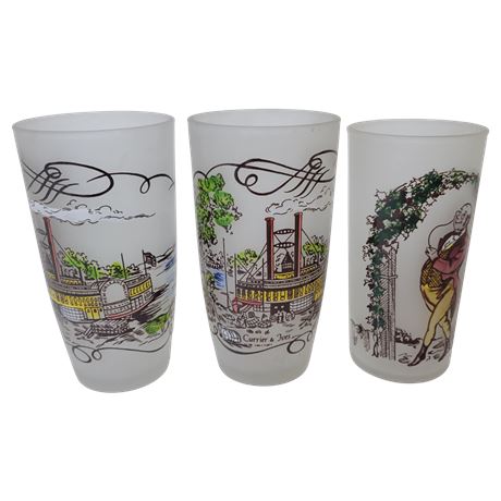Currier & Ives Frosted Glass New Orleans Packet Eclipse / Victorian Man Glasses