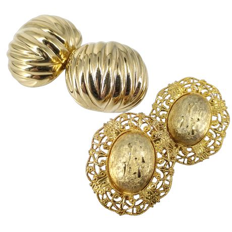 Signed Ciner and Judy Lee Vintage Clip-on Earrings, Lot of 2 Pairs, Gold-Tone