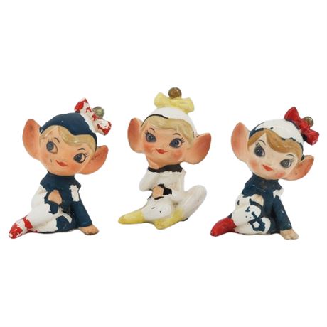 Three Vintage Napcoware Big-Eye Ceramic Pixie Elves, Chipping Paint