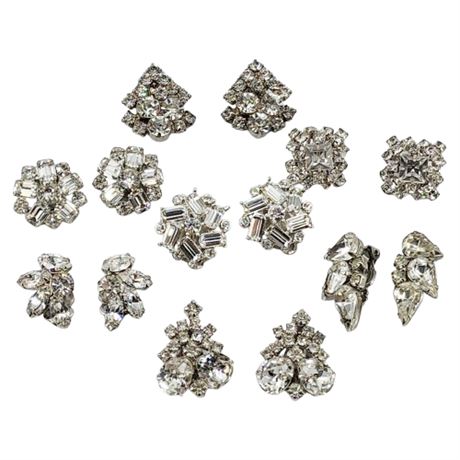 Seven Pairs Vintage Silver Tone Clear Rhinestone Clip Earrings