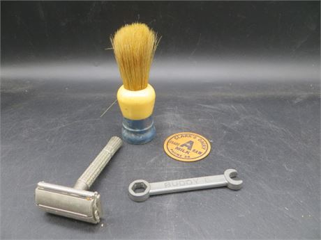Shaving Brush & Razor, Clark's Dairy Bottle Cap & "Buddy L" Toy Wrench