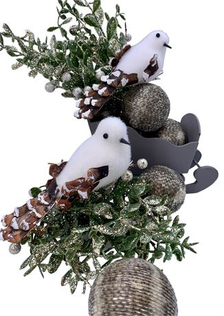 Wintry Snow Bird & Gray Bead Ornament Vignette in a 8” Wooden Gray Sleigh