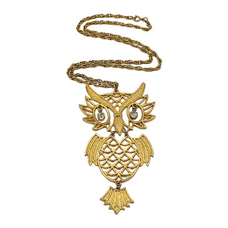Vintage Large Gold Tone Articulated Owl Necklace w/ Rhinestone Eyes