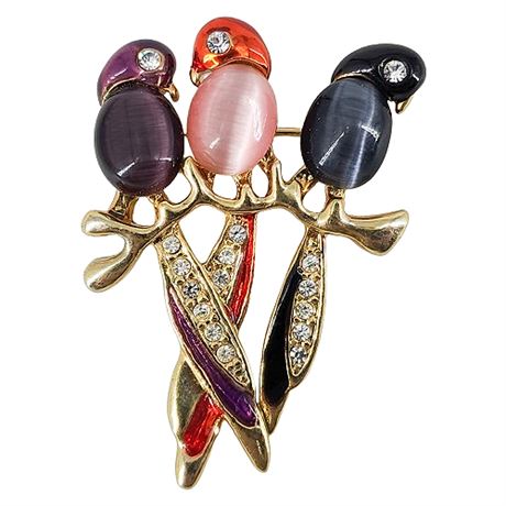 Vintage Cat's Eye Jelly Belly & Rhinestone Parrots Brooch